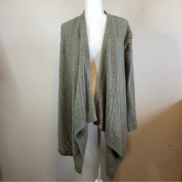 Lou & Grey Wool Alpaca Long Sleeve Loose Knit Open Front Green Tan Cardigan - Picture 1 of 7